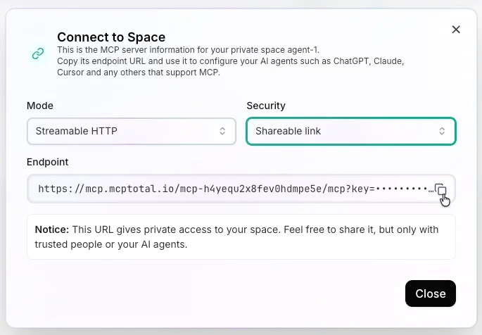 Screenshot shows the connect to space dialog with the shareable link option selected and the copy icon for the endpoint highlighted with the cursor.