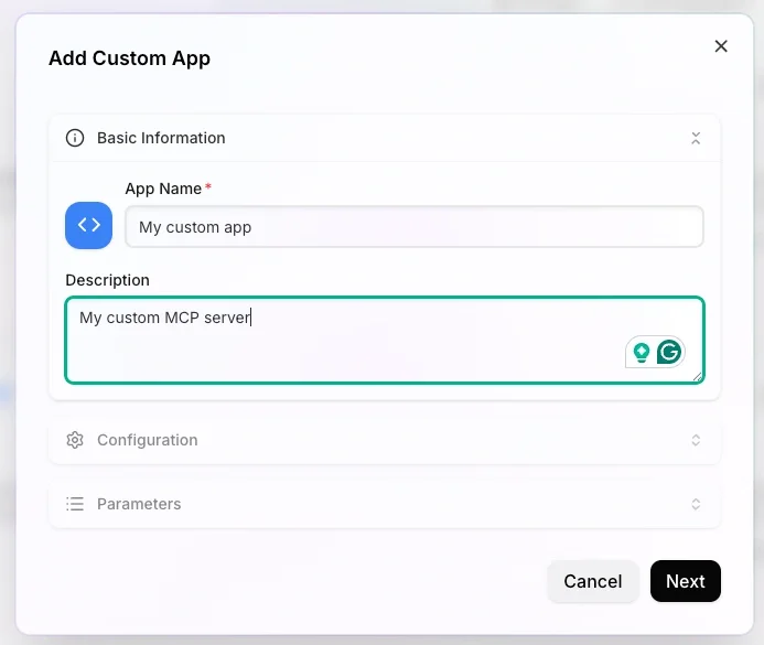 Screenshot shows the first step of the add custom app dialog with the app name and description entered.